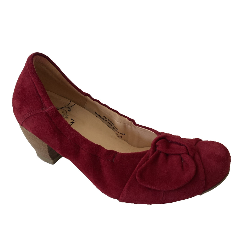 Think! Red Suede Pump Round Toe 2" Block Heel Knot Slip On 40 10